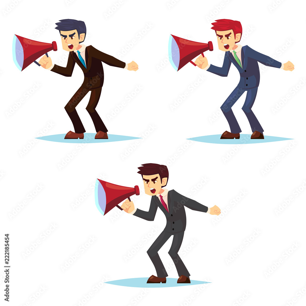 Three cartoon businessmen in suits shouting into red megaphones with energetic poses.