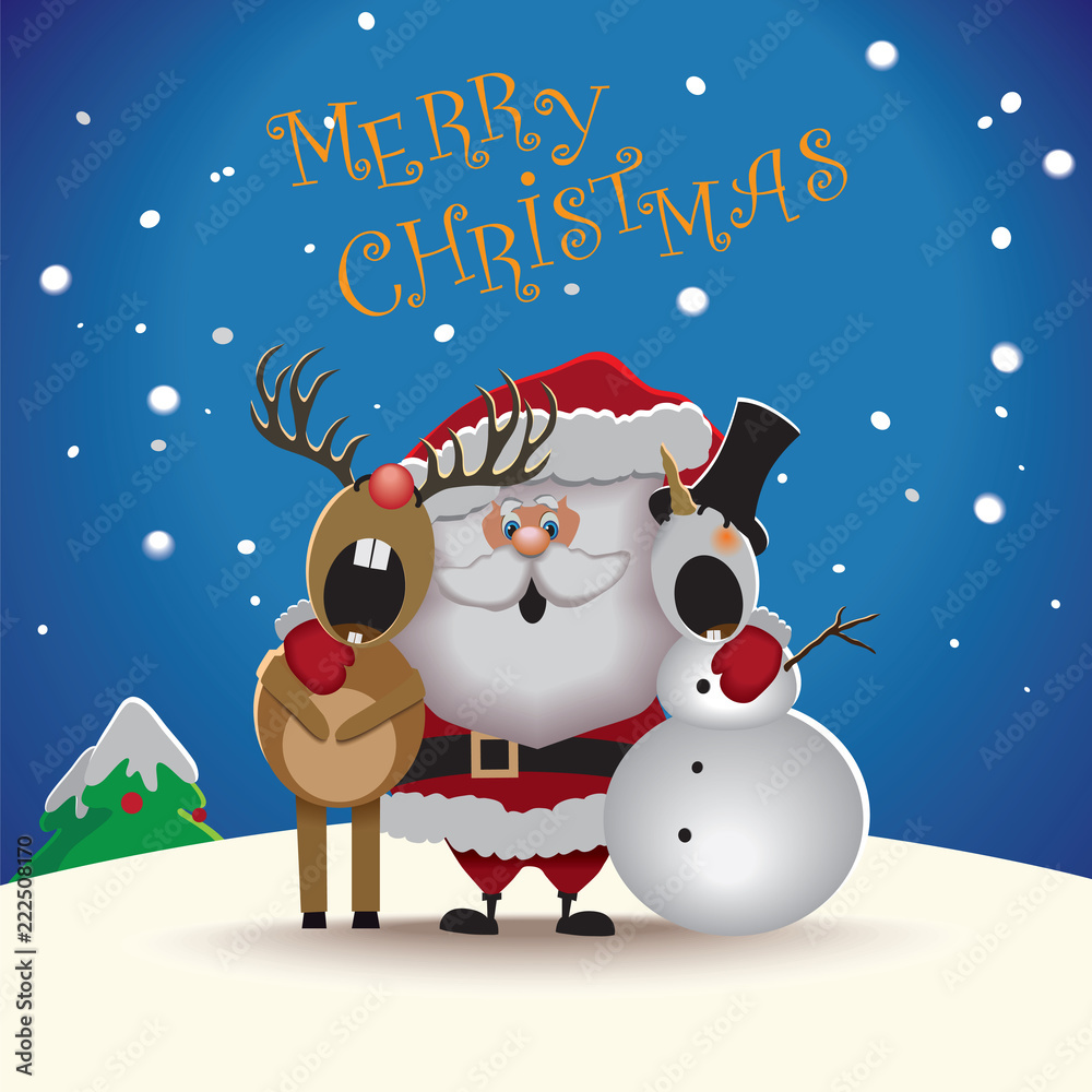 Santa Claus, a reindeer with red nose, and a snowman singing joyfully in snowy night under "Merry Christmas" text.