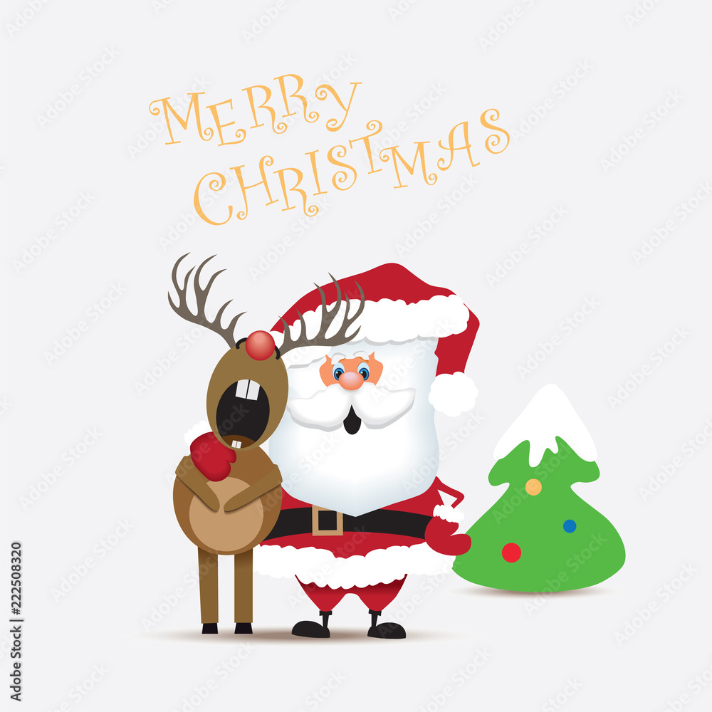 Santa Claus and a reindeer with red nose stand beside a decorated Christmas tree under "Merry Christmas" text.