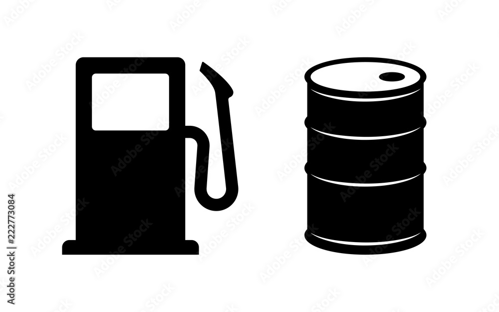 Black silhouette icons of a gas pump and oil barrel on white background.