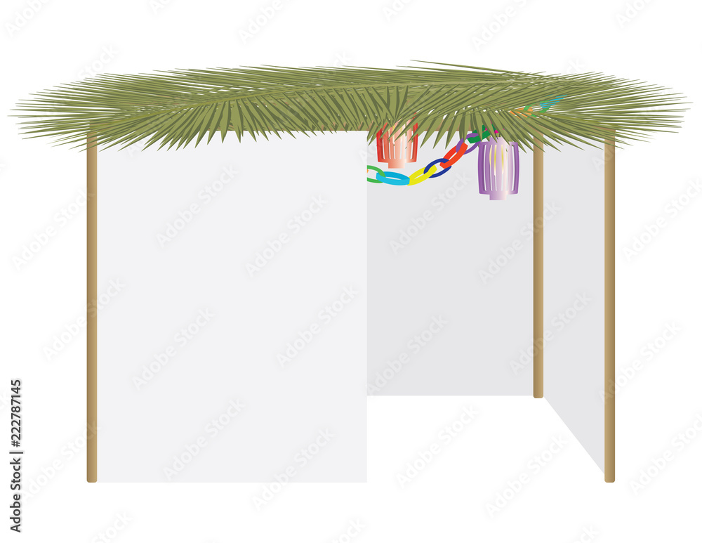 A traditional Jewish sukkah with palm frond roof, wooden poles, white walls, and colorful paper lanterns hanging inside.