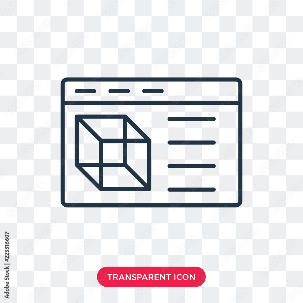 Line icon of a web browser window displaying a 3D cube and text lines, symbolizing 3D content on the web.