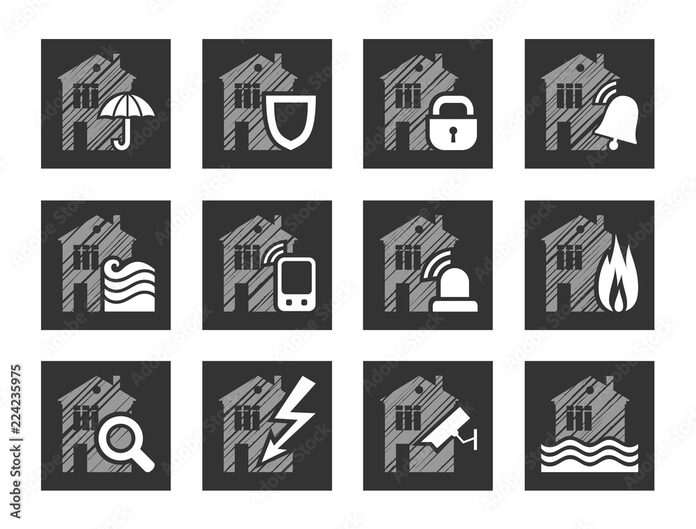 Grid of 12 home protection icons including umbrella, shield, lock, bell, water, smartphone, camera, fire, magnifying glass, lightning, CCTV, and flood symbols.