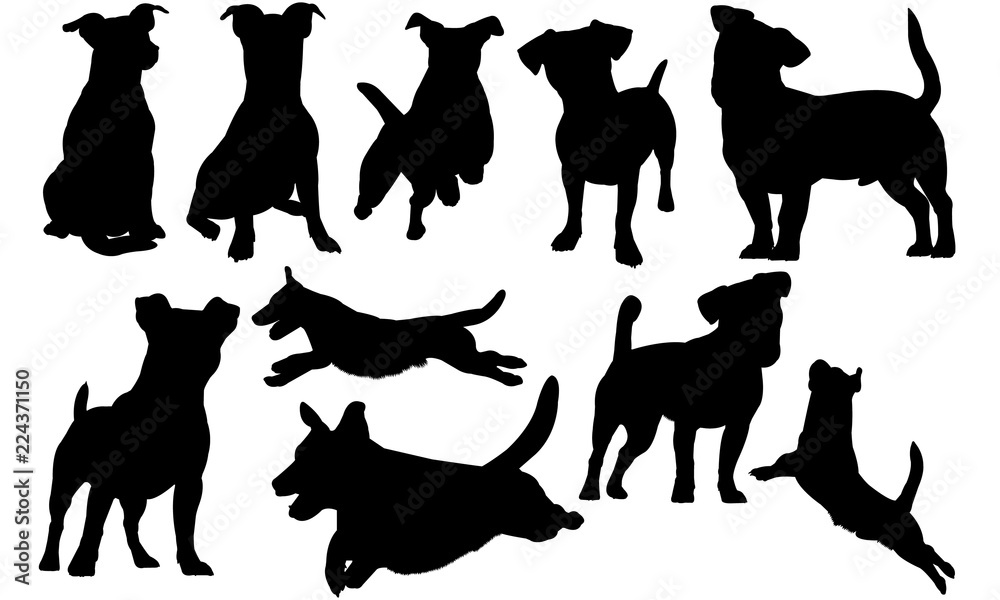 Collection of black dog silhouettes in various poses-sitting, standing, running, and jumping-on white background.
