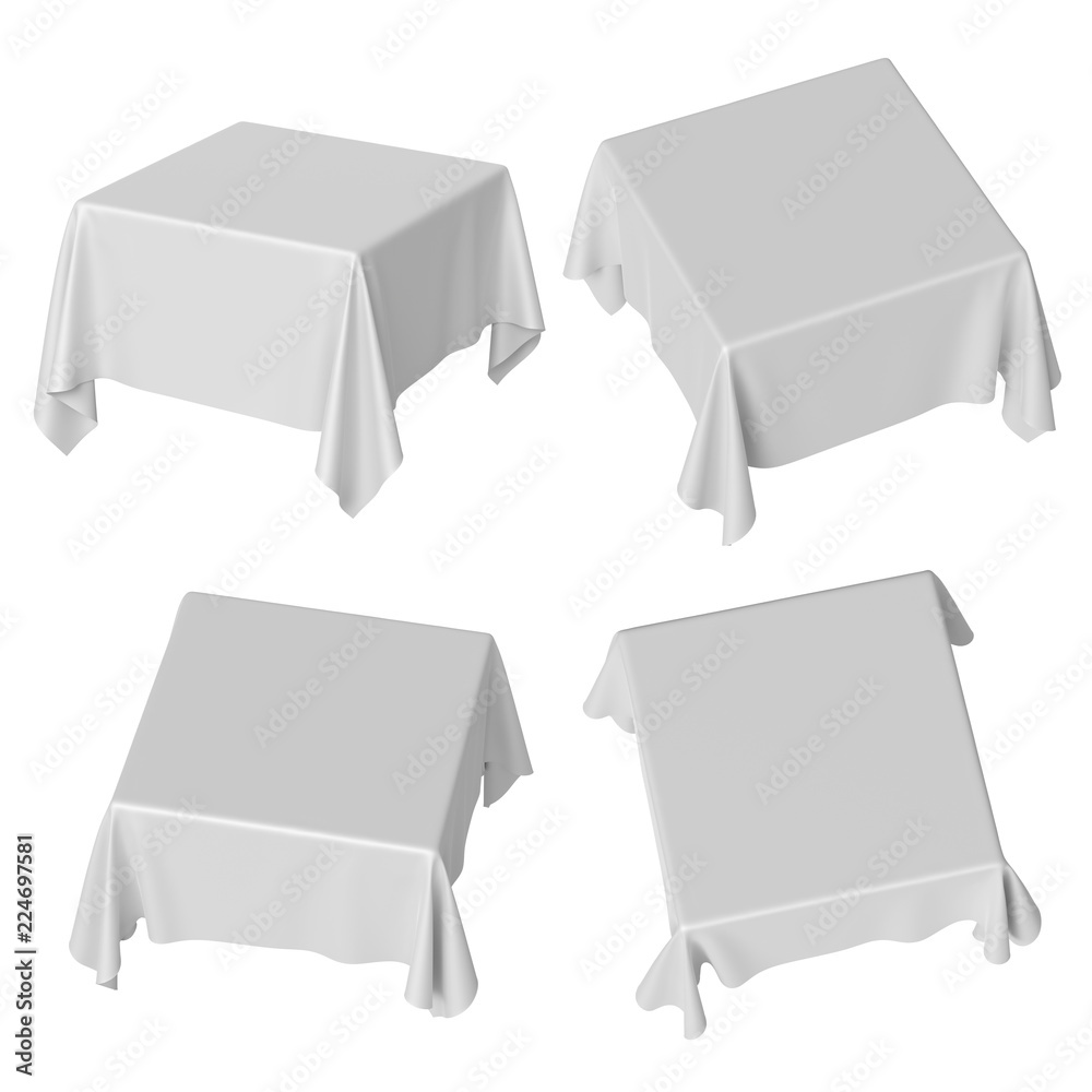 Four square tables draped with white satin tablecloths, shown from different angles on a white background.