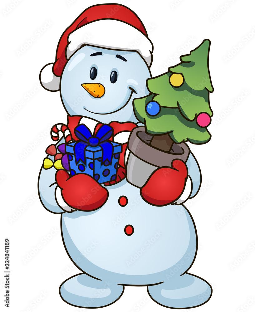 Cheerful snowman in Santa hat holding a gift box and small decorated Christmas tree.