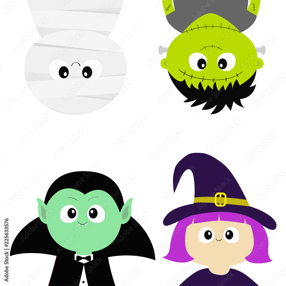 Four cute Halloween characters: mummy, Frankenstein, vampire, and witch in flat cartoon style.