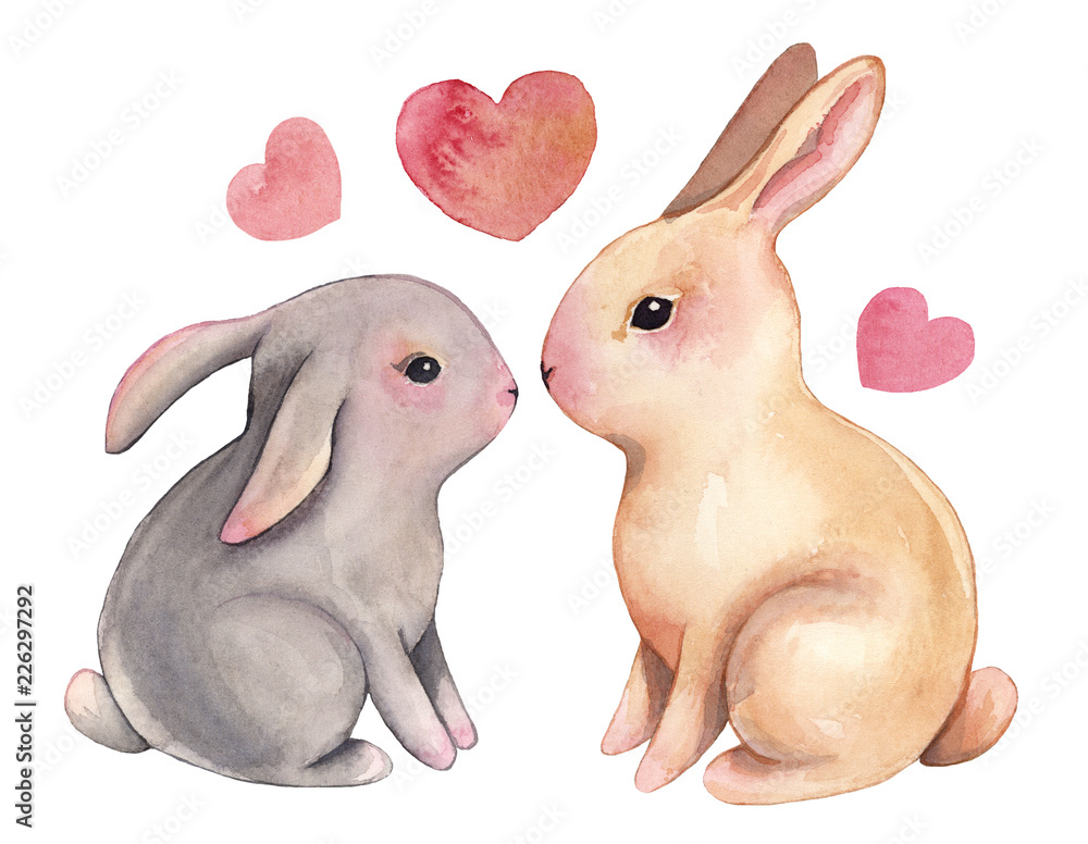 Watercolor Love Bunnies Illustration - Cute Rabbit Couple for Valentine’s Day