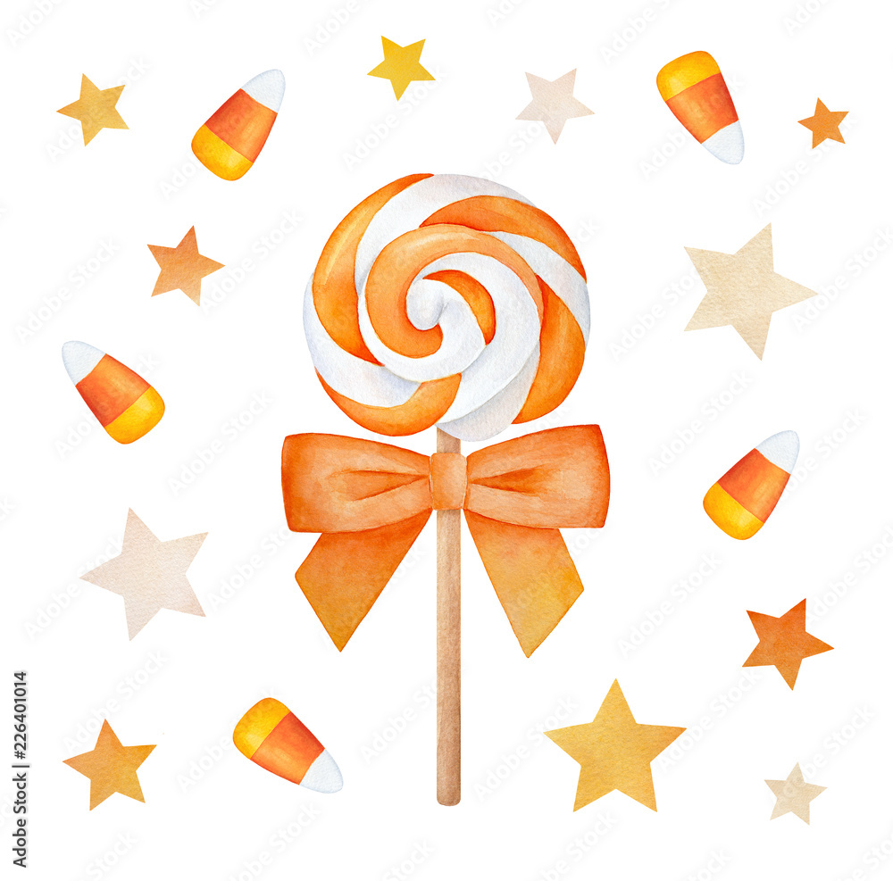 Festive Candy Corn & Lollipop Watercolor Illustration | Halloween Treat Art