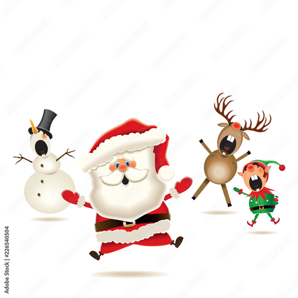 Santa Claus joyfully running with a snowman, reindeer, and elf in festive cartoon style.