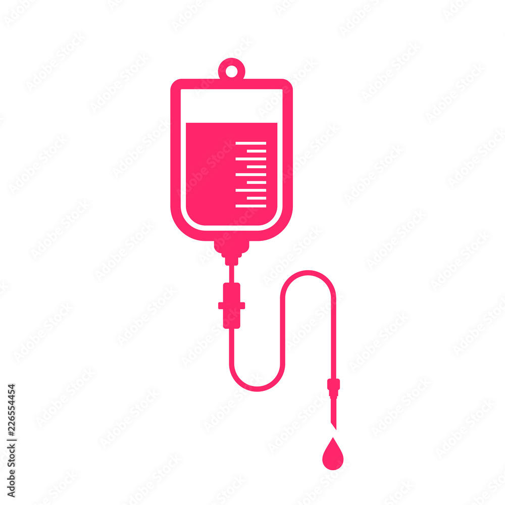 Pink IV fluid bag with drip tube and drop, symbolizing medical infusion therapy.