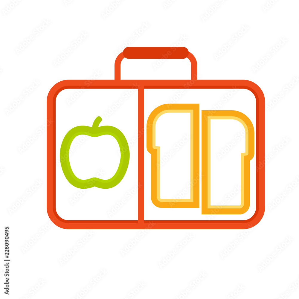 Orange lunchbox icon with green apple and two sandwich slices inside, divided compartments.