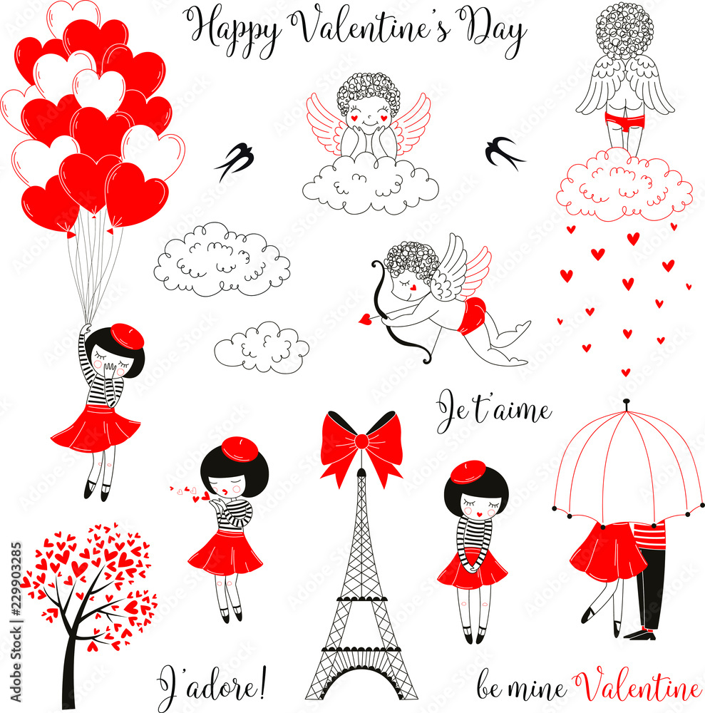 Valentine’s Day illustration with cupids, heart balloons, Eiffel Tower, and romantic French-themed characters in red and black.