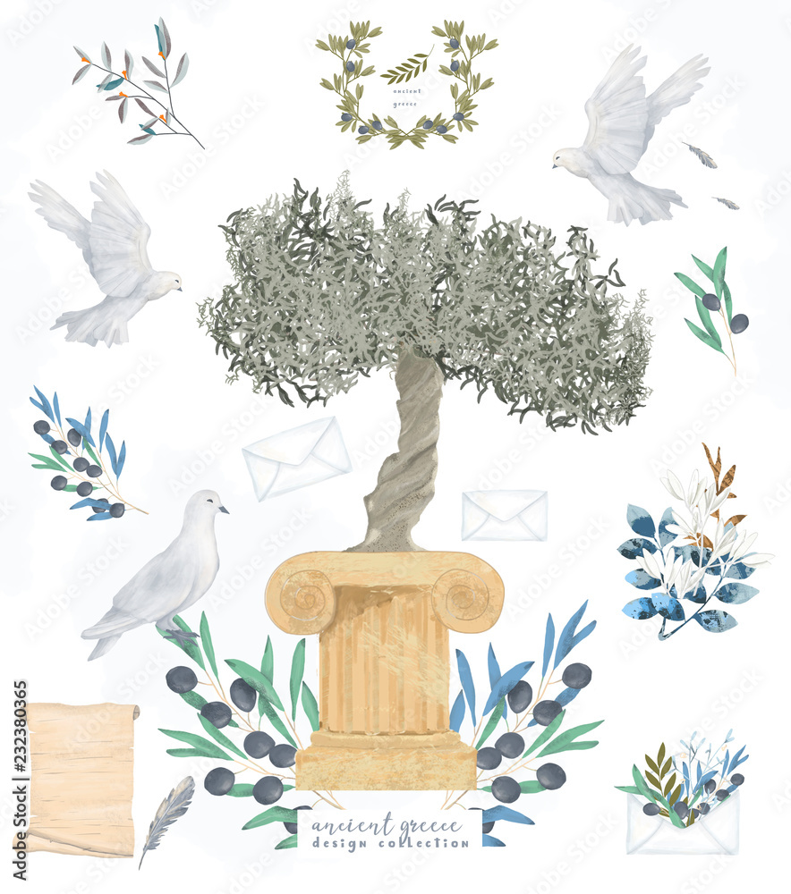 Watercolor illustration of ancient Greek motifs: olive tree, doves, Ionic column, wreath, and scrolls.