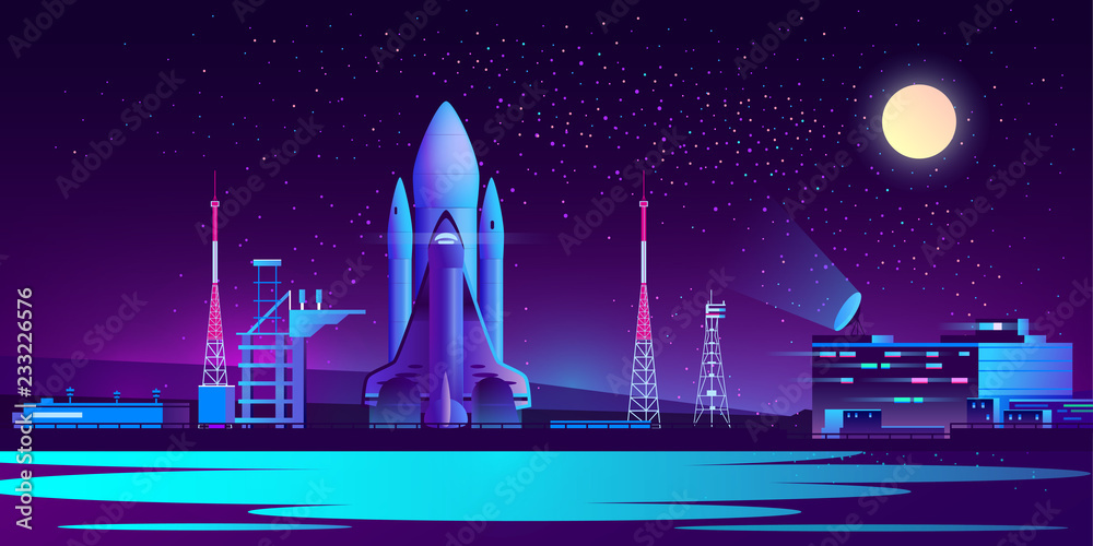 Neon Spaceport Illustration - Sci-Fi Rocket Launch Scene