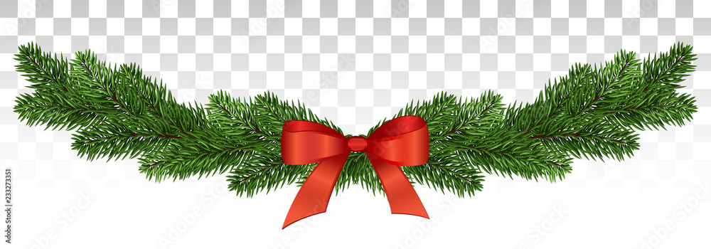 Festive green pine branch garland with a red satin bow on transparent background.
