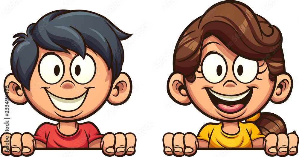 Two cheerful cartoon children peeking over a surface with big smiles and expressive eyes.