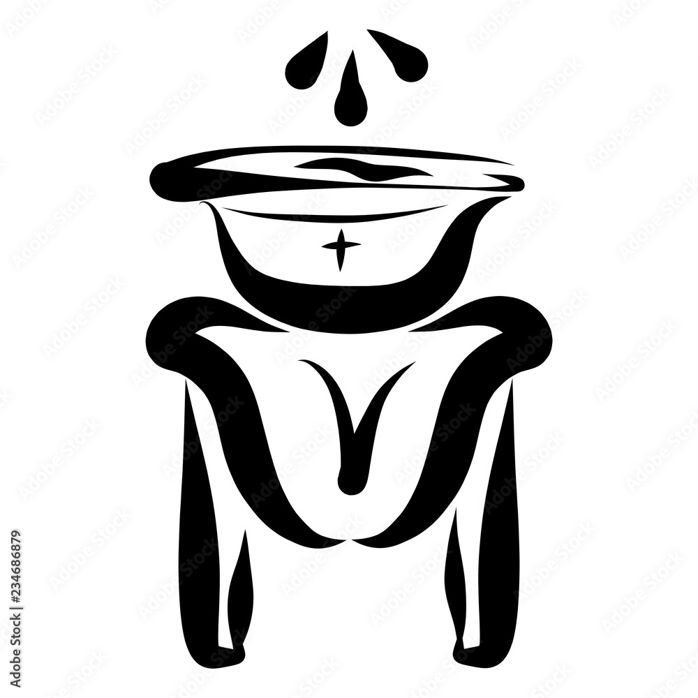Stylized black-and-white baptismal font with water droplets and a cross, symbolizing Christian sacrament of baptism.