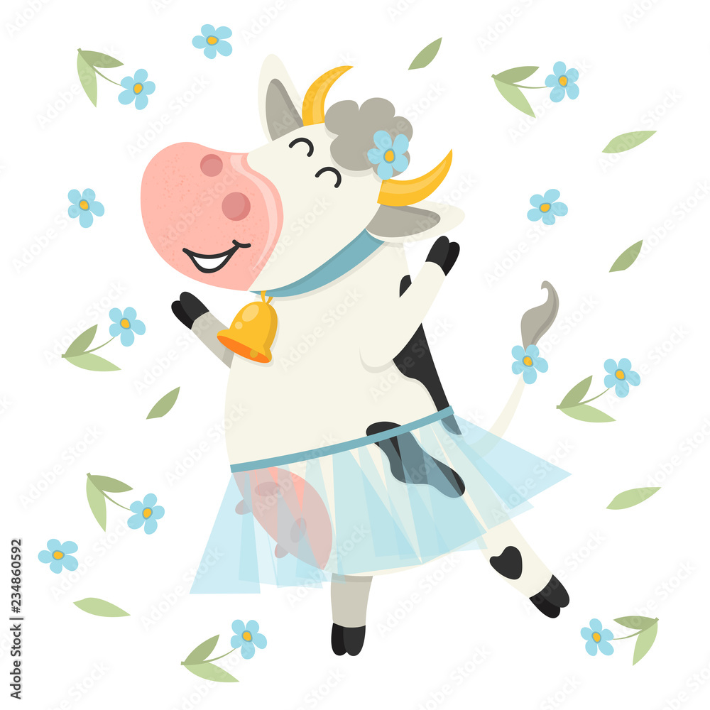 Cheerful cartoon cow in a blue tutu and flower crown, dancing among floating flowers and leaves.