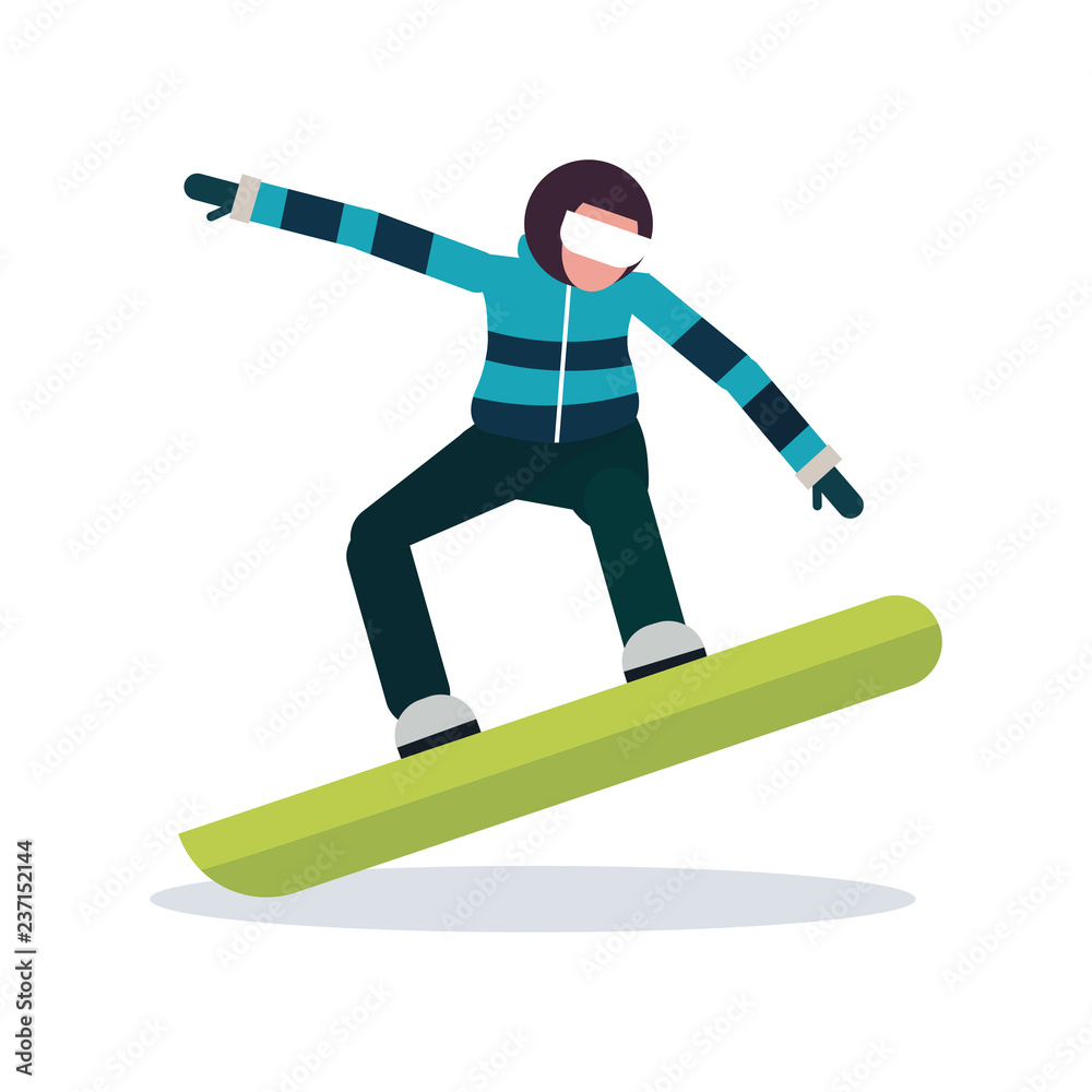 Person snowboarding in striped jacket and goggles on green board, flat vector illustration.