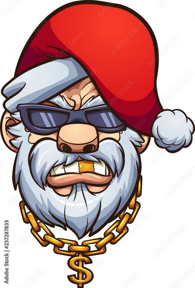 Gangster-style Santa Claus with sunglasses, gold chain, and dollar sign pendant, wearing a red hat and snarling expression.