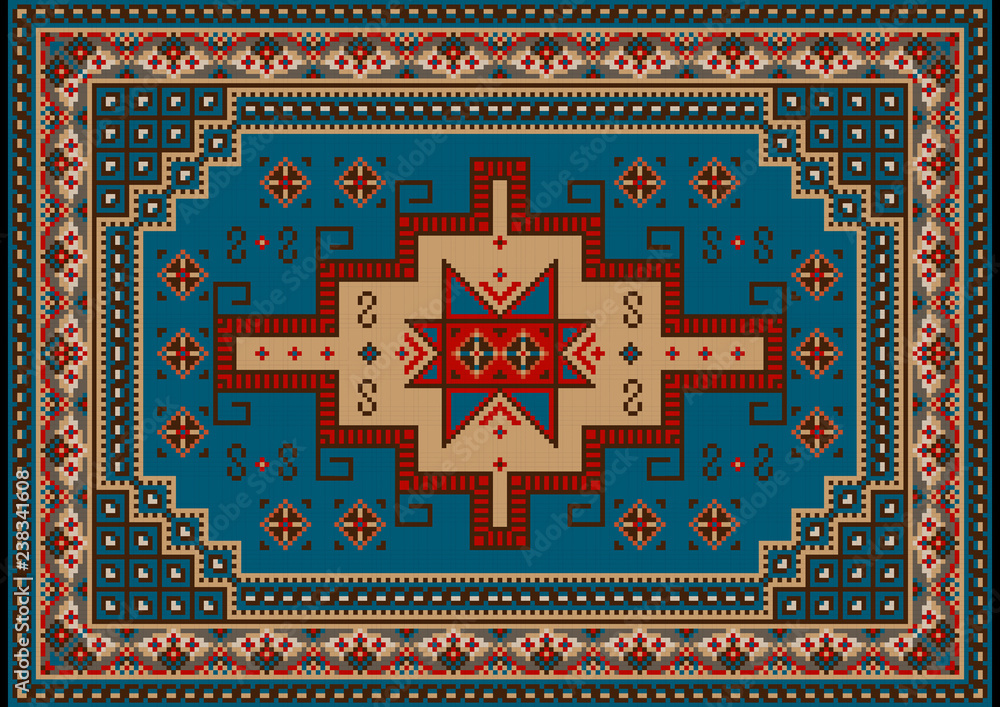 A colorful traditional rug with a geometric pattern, featuring a central star design in red, blue, and beige, surrounded by intricate borders and motifs.