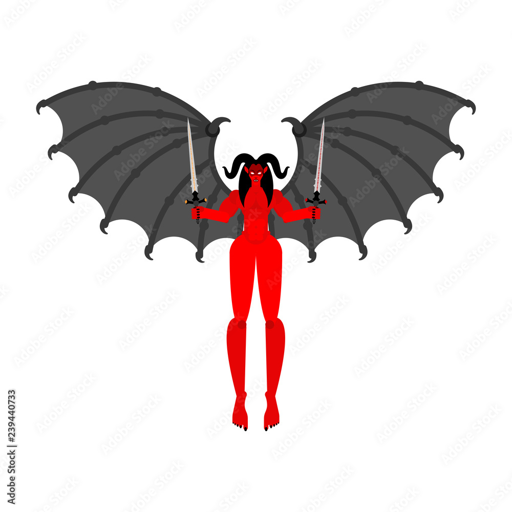 Red demonic figure with black bat wings, horns, and two swords, stylized flat vector illustration.