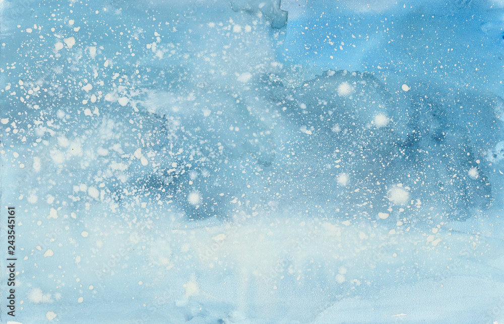 Abstract watercolor painting in soft blues and whites, evoking snowfall or icy textures with splattered white pigment.