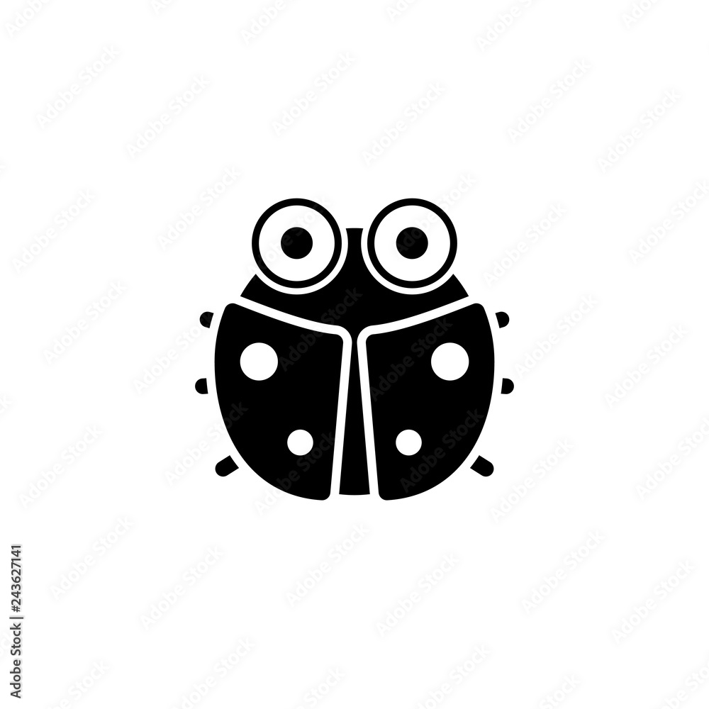Black and white stylized ladybug icon with large eyes and spotted wings.