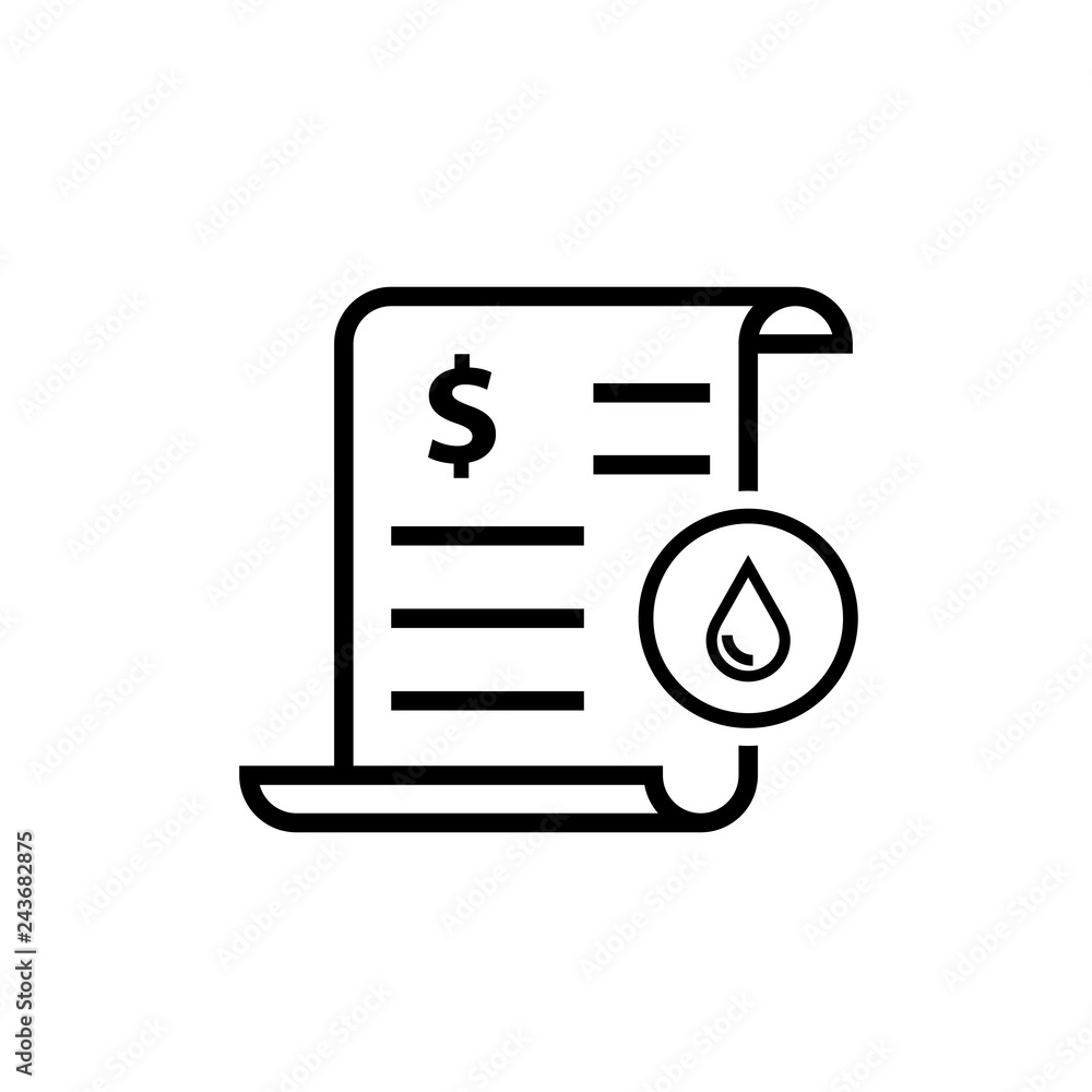 Invoice icon with dollar sign and water droplet symbol, representing utility or water bill payment.