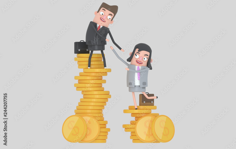 Cartoon businesspeople climbing stacks of gold coins; man helps woman up, symbolizing mentorship and financial growth.