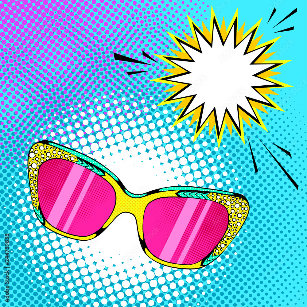 Pop art sunglasses with pink lenses and yellow frame on halftone background with comic explosion burst.
