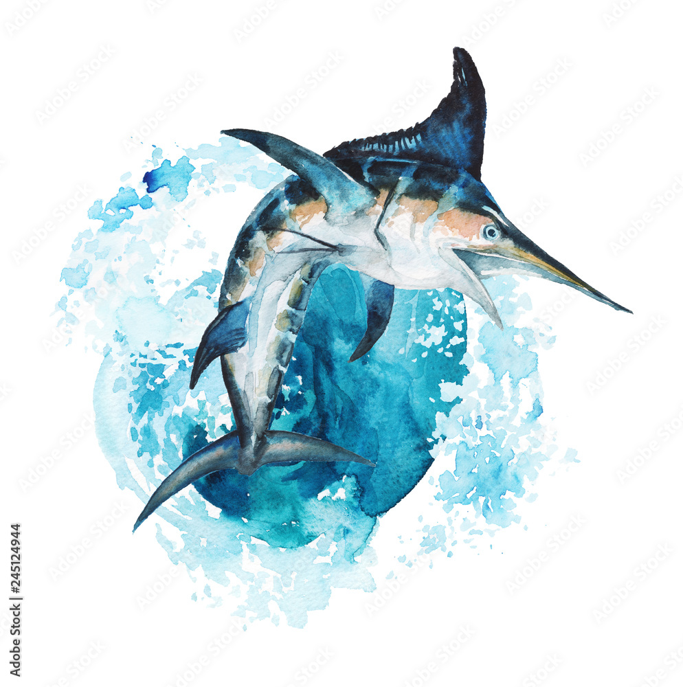 Watercolor illustration of a leaping sailfish with vibrant blue and silver tones against a splashing ocean backdrop.