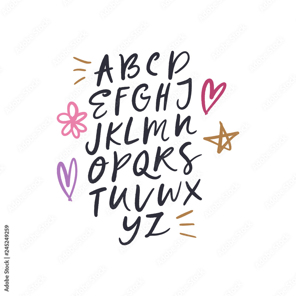 Handwritten alphabet from A to Z with decorative hearts, stars, and flowers in pastel colors on white background.