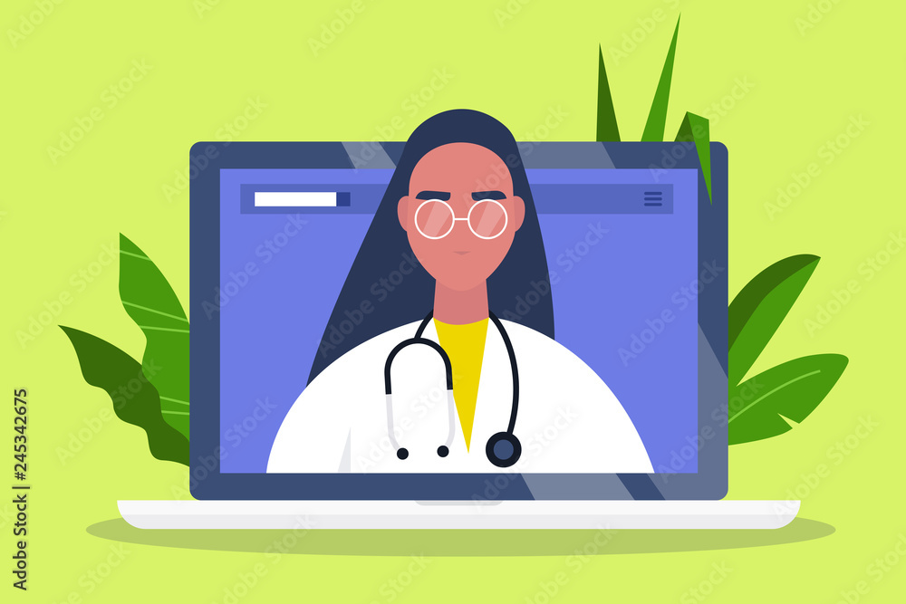Female doctor with stethoscope on laptop screen, surrounded by green leaves, representing telehealth consultation.