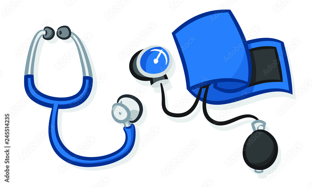 Blue stethoscope and manual sphygmomanometer on white background, medical diagnostic tools illustration.