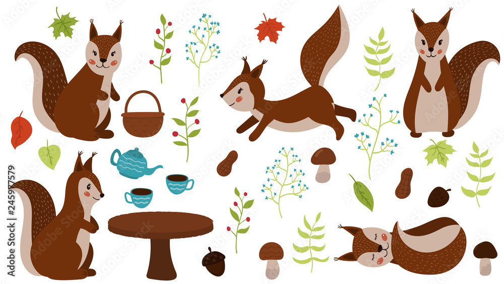 Cute cartoon squirrels in autumn scenes with leaves, mushrooms, tea set, and acorns on white background.