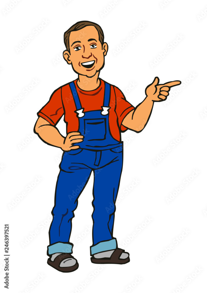 Friendly cartoon handyman in blue overalls and red shirt pointing to the right with a smile.