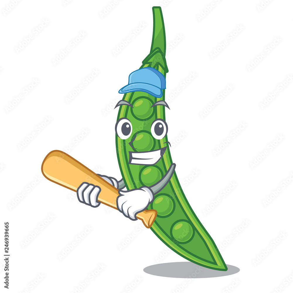 Cartoon green pea pod mascot wearing a blue cap, holding a baseball bat with a joyful expression.