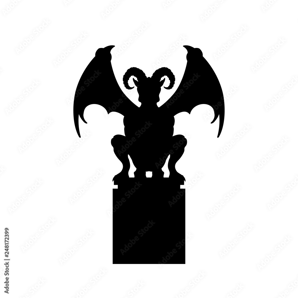 Silhouette of a horned gargoyle with bat-like wings perched atop a pedestal.