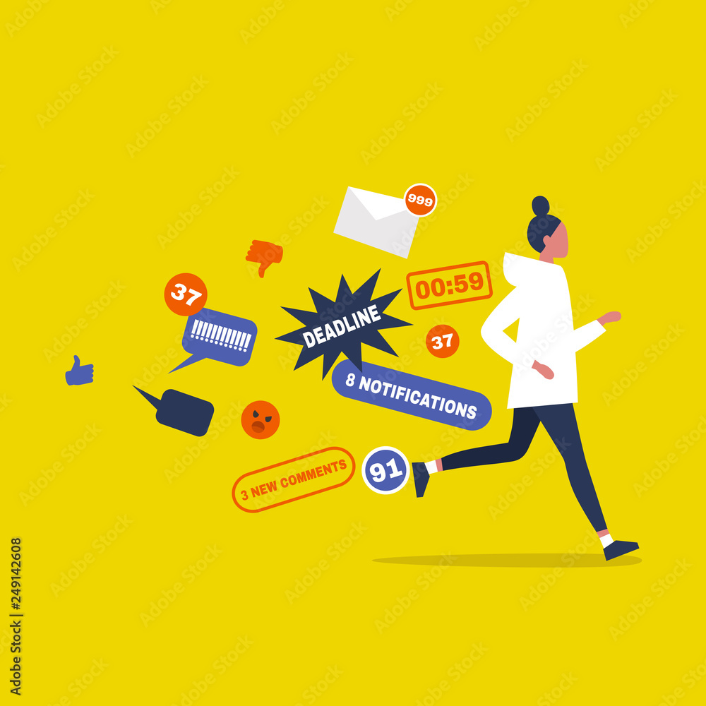 A person running while being chased by digital notifications, deadlines, and social media alerts on a yellow background.