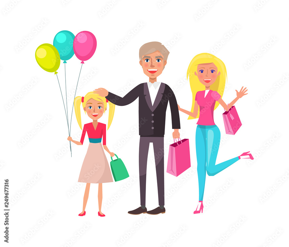 Happy family of three with shopping bags and balloons, smiling after a fun outing.