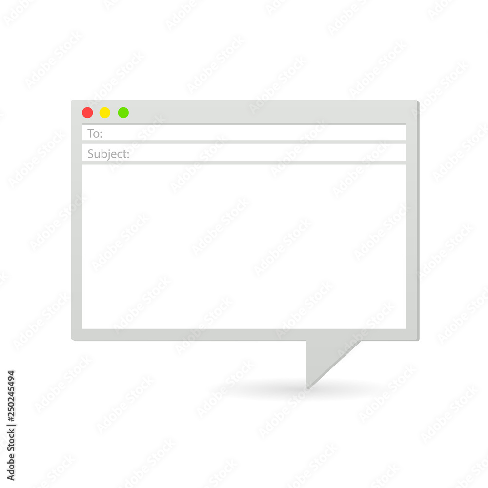 Email window icon shaped like a speech bubble with To and Subject fields and macOS-style traffic light buttons.