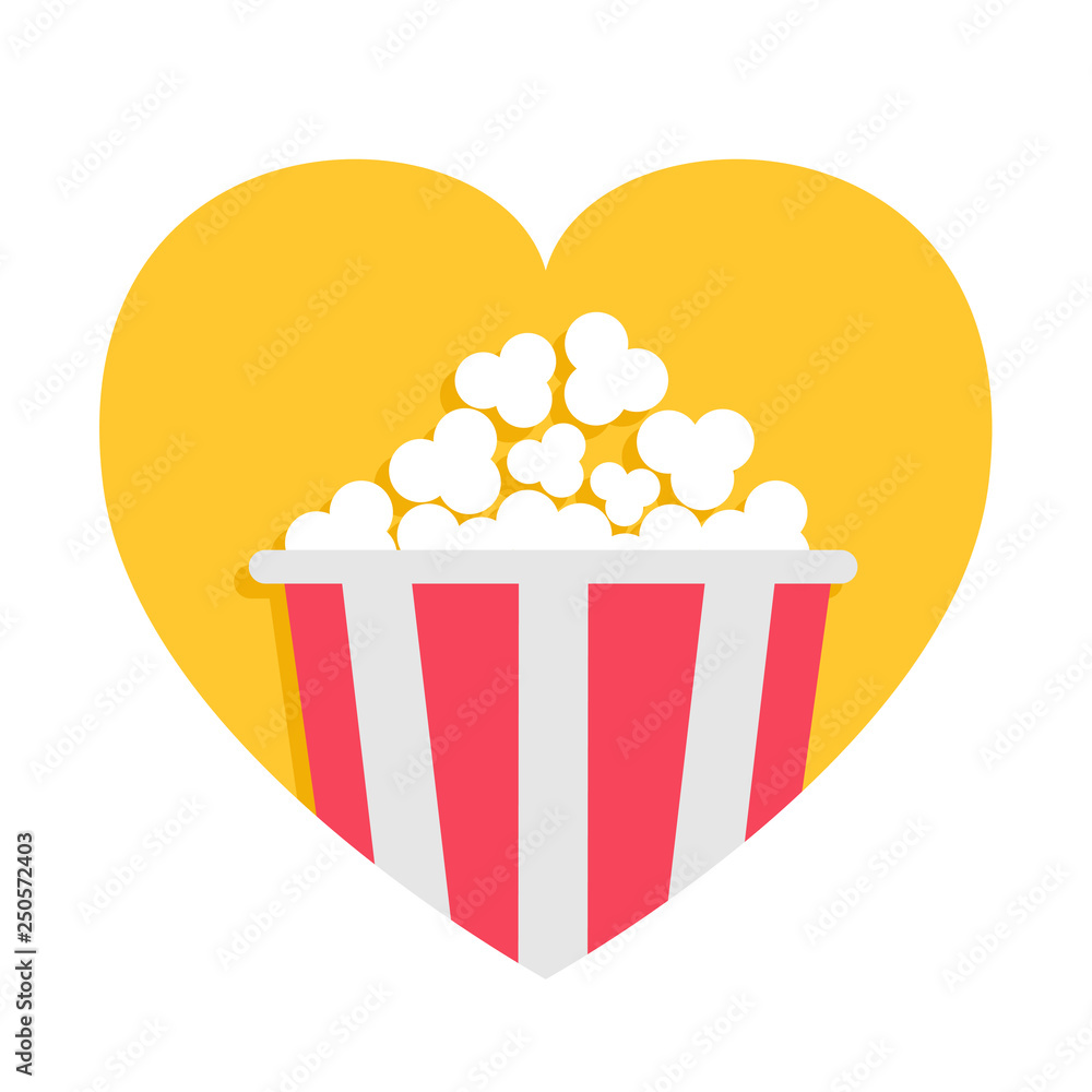 A red-and-white striped popcorn bucket overflowing with popcorn, centered inside a yellow heart shape.