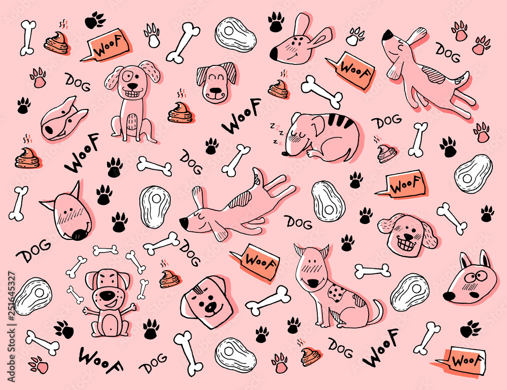 Playful pink doodle illustration of dogs, bones, paw prints, meat, poop, and "Woof" speech bubbles on a light pink background.