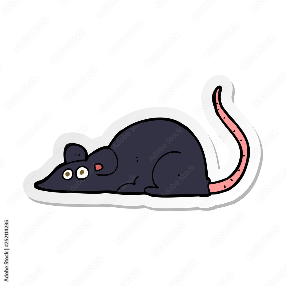 Cartoon black mouse sticker with pink tail, wide eyes, and playful expression on white background.
