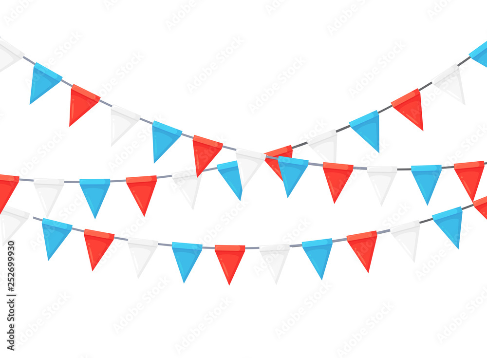 Red, white, and blue triangular bunting flags strung in festive garlands on a white background.