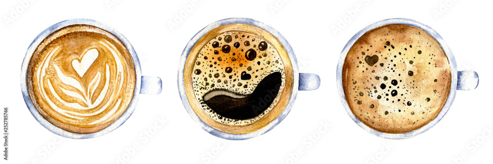 Watercolor illustration of three coffee cups from above: latte art heart, espresso crema with swirl, and frothy cappuccino with foam hearts.