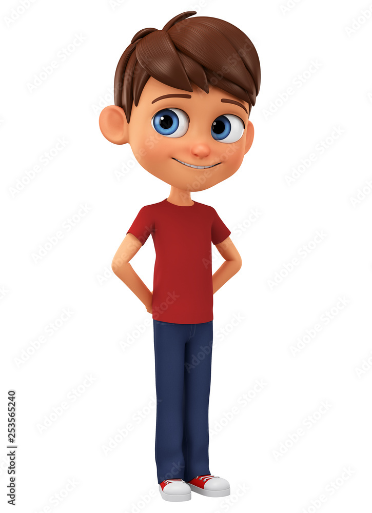 3D animated boy with brown hair, blue eyes, red shirt, and jeans, standing confidently with hands on hips.