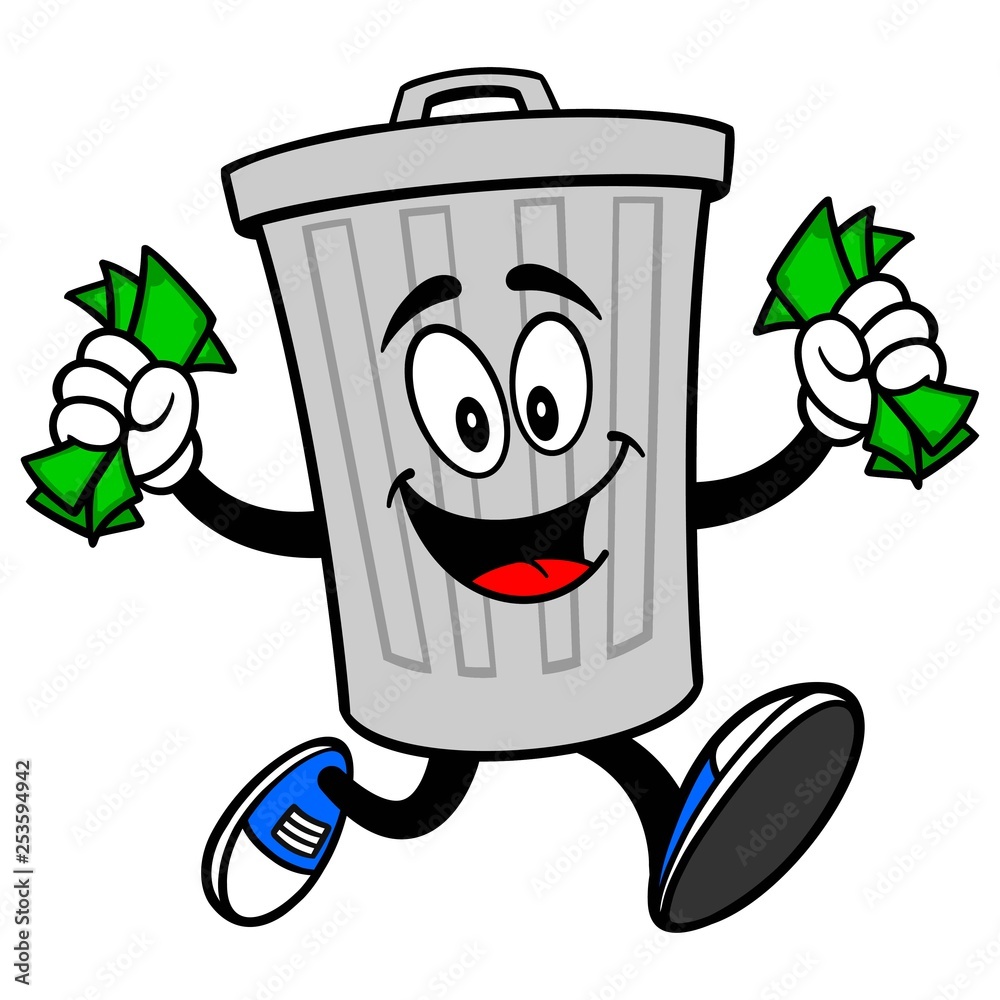 Happy cartoon trash can running with wads of green cash in both hands.